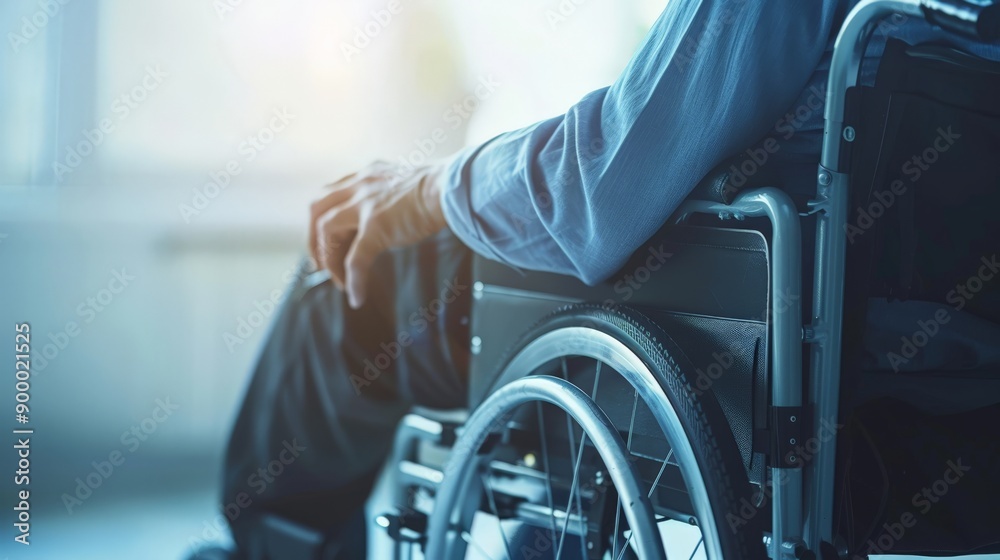 Poster Close-up of a person in a wheelchair by a window with bright light. Accessibility and independence.