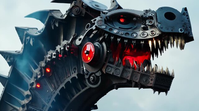 Close-up shot: Mechanical dragon roars in industrial setting. Camera pans across intricate gears and pistons. Red LEDs glow against black metal, creating eerie atmosphere.	