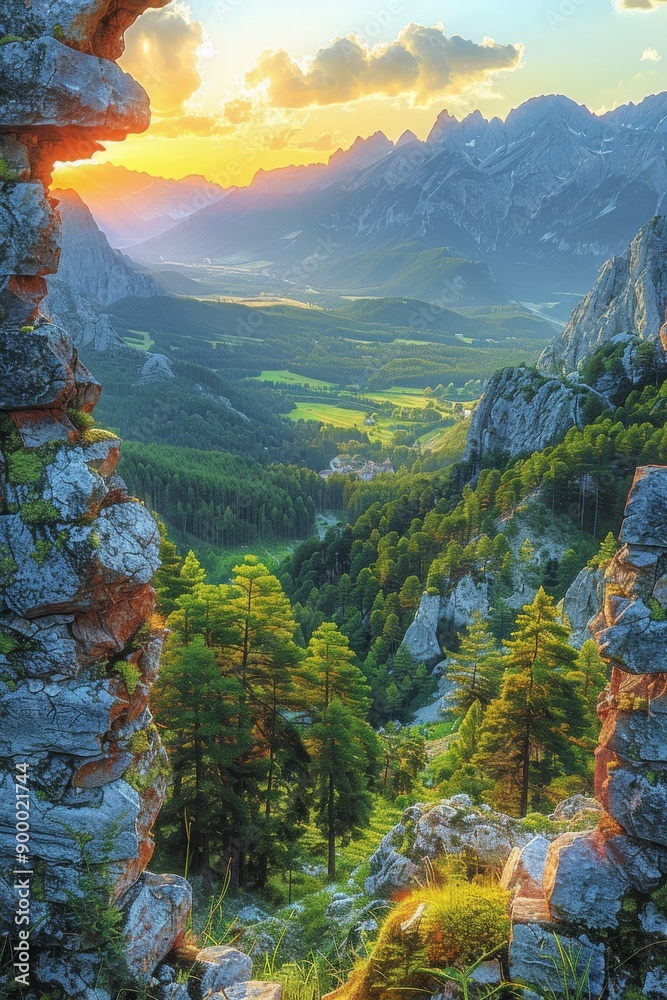 Wall mural Ultra realistic photo with a clear focus of the foreground and background, a magnificent landscape depicting beautiful mountains, forest and valley in the background of the sunset sky, the photo was t