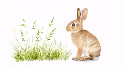 Fototapeta premium Curious Bunny in a Patch of Grass: A sweet and endearing brown bunny sits in a patch of green grass, its ears perked up with curiosity, against a clean white background.