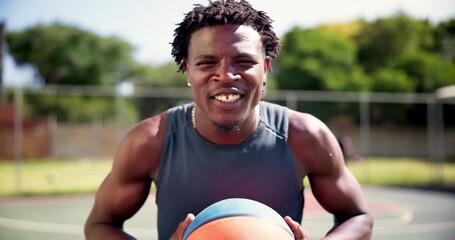 Fitness, face and screaming man with basketball passion, energy and mindset at outdoor court. Sports, freedom and portrait of African male player with ball at a park for wellness, exercise or workout