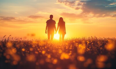 Fototapeta premium Silhouette of a couple holding hands, standing in a field of flowers at sunset with a warm, golden sky.