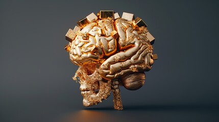 Abstract depiction of a human brain weighed down by gold bars, symbolizing mental burden of wealth.