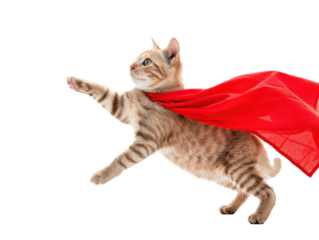 Adorable Tabby Cat Dressed in Red Cape Playing Hero in a Studio Setting