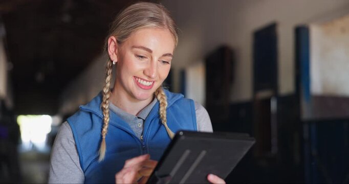Horse, happy and woman on tablet in stable for online report, website research and internet check. Vet, animal care and person on digital tech for livestock, equestrian wellness and health on ranch