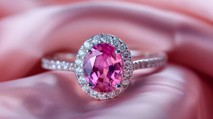 Elegant pink gemstone ring on soft fabric, showcasing intricate design and luxurious sparkle, perfect for any special occasion.