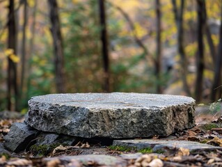 Obraz premium A stone podium set on the rugged forest background