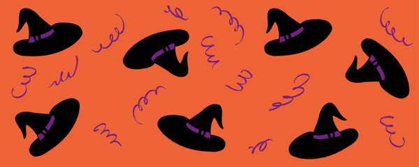 Halloween horizontal banner template with witch hats and serpentine. Festive celebration design for card, invitation, label, sale. Hand drawn vector illustration.