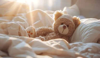 Sick Teddy Bear in Bed - Get Well Soon Concept