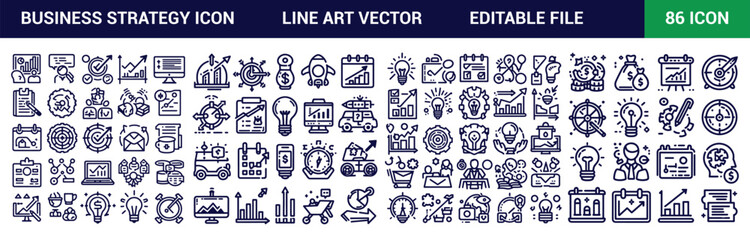 Creative business strategy solutions-related icon set—editable stroke.Collection of cooperation, team targets, leadership, collaboration, and more. Vector illustration.