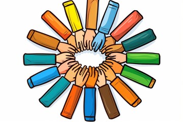 Illustration of colorful hands forming a circle collaborative and inclusive theme vibrant and dynamic visual