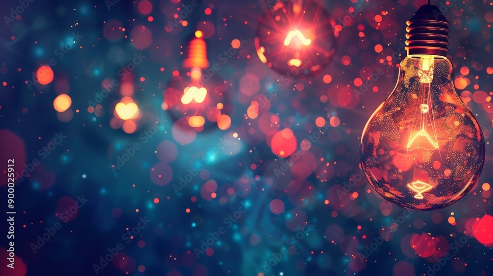 Poster glowing light bulbs with bokeh effect in the background. energy and inspiration concept.