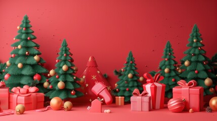 Joyful 3D Festive Holiday Scene with Decorated Trees and Gifts on a Solid Red Background