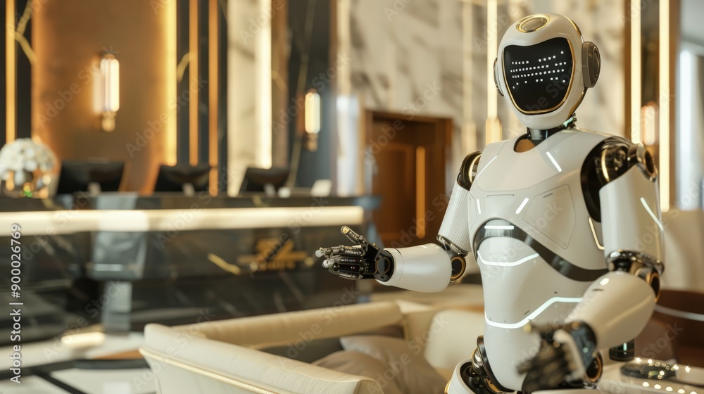 Poster futuristic robot greeter in a modern hotel lobby. advanced ai technology enhancing guest experience.