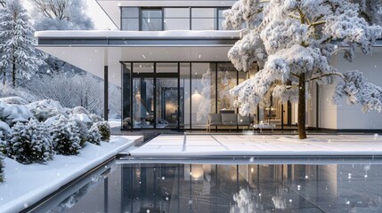 Front view of a private modern villa during a heavy winter snowfall, the entrance and garden cloaked in white, reflecting a peaceful snowy scene