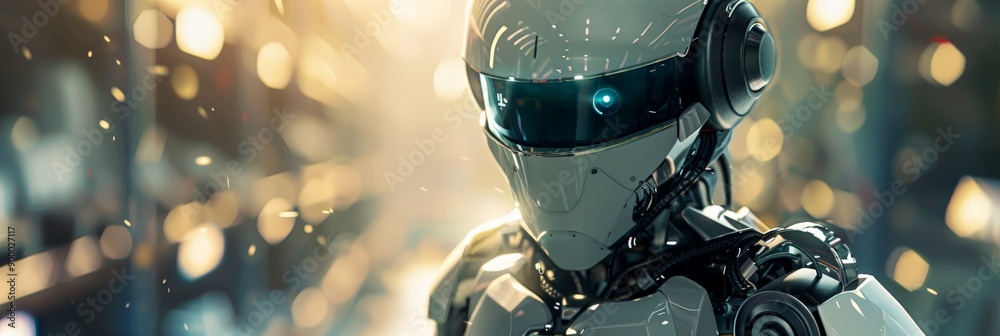 Poster Advanced humanoid robot in a high-tech environment with glowing eyes. Depiction of cutting-edge AI and future technology.