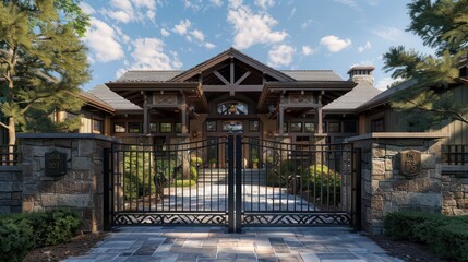Frontal view of a Craftsman style residence, accentuated by a finely crafted wrought iron gate leading to a cozy porch