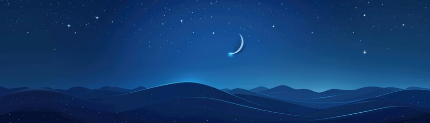 Fototapeta premium Tranquil Night Sky 3D Flat Design with Crescent Moon and Stars on Midnight Blue Background