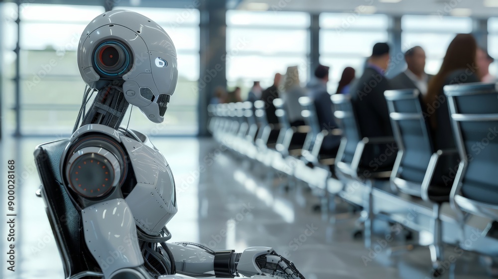 Poster Robot seated in a high-tech office waiting area among job applicants. Future of AI in job interviews.