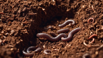 Obraz premium Earthworms in soil close up. Generative AI