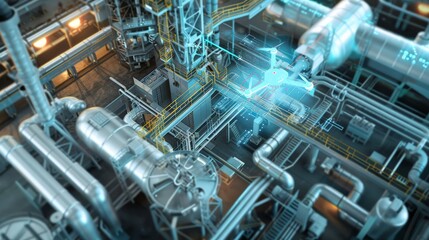 A digital rendering of an drone in production facility with holographic blueprints overlaying the complex machinery, showcasing energy technology innovation in virtual reality