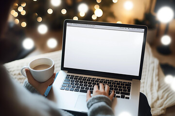Person working on a laptop with a cup of coffee beside. Laptop mockup, Cozy home office setting during holidays. Remote work and productivity concept. Christmas lights in background.