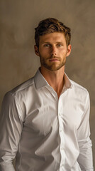 Obraz premium Professional profile photo of a business person, profile photo, upper body shot, wearing a wrinkle-free white dress shirt, portrait of a man