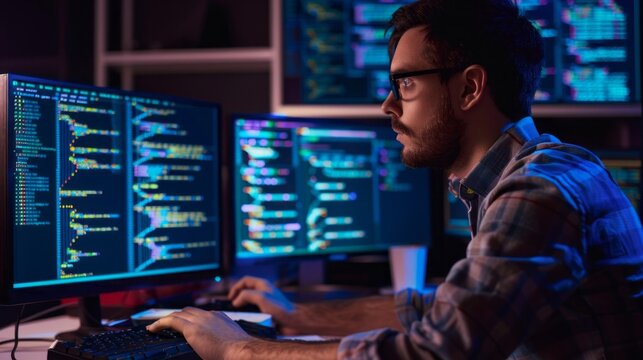 A man is sitting in front of two computer monitors