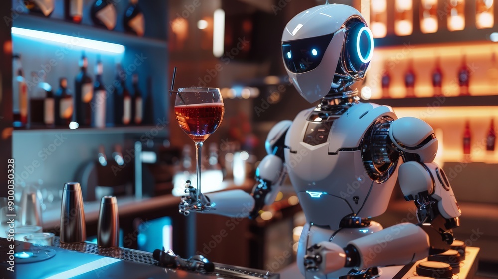 Poster Robot bartender serving a drink in a modern bar. Futuristic technology and AI.