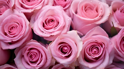 Fototapeta premium Pink Roses With Dew Drops Fresh Morning Bloom