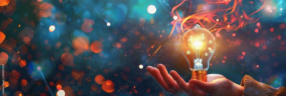 Poster hand holding a glowing light bulb with vibrant bokeh background, symbolizing creativity and new idea