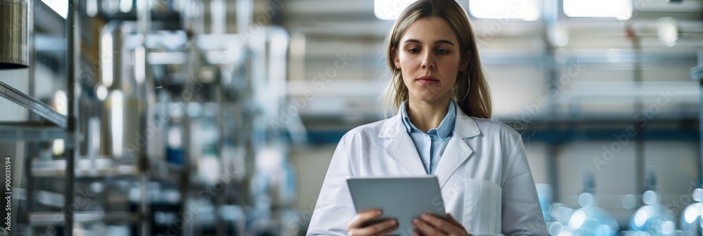 Poster female engineer in a lab coat working on a tablet in a modern industrial facility. technology and in