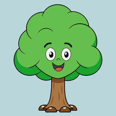 Fototapeta premium Smiling Cartoon Tree with Green Leaves Against Blue Background