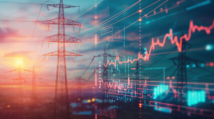 Power Lines over sunset while overlay with holographic financial graphs illustrating production volume increases, revenue growth, and profitability metric.