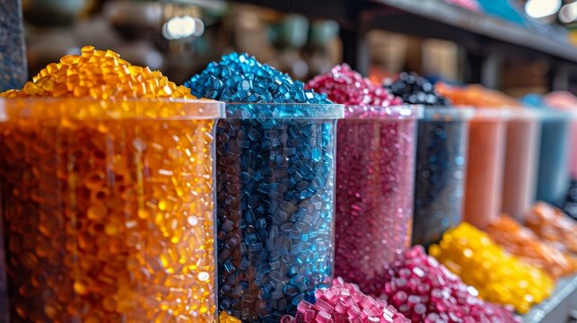 Plastic granules different colors. Recycling concept.