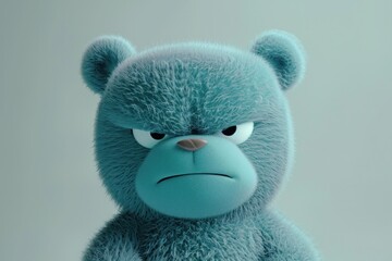 Angry blue teddy bear sitting on gray background with angry look on face in art concept
