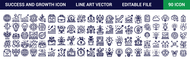 Fototapeta premium Success and growth icon set. Successful business development, plan, and process symbol. Goals and Target Related. Vector illustration.