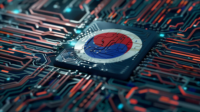 electronic circuit board, South Korea flag on a circuit board chip, close-up, in the style of an electronic circuit, ai chip - Powered by Adobe