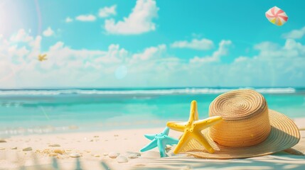 Tropical beach with sunbathing accessories, summer holiday background