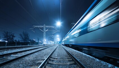 Naklejka premium High-speed train moves along tracks at night, electricity poles and track lines illuminated by blue lights, motion blur.
