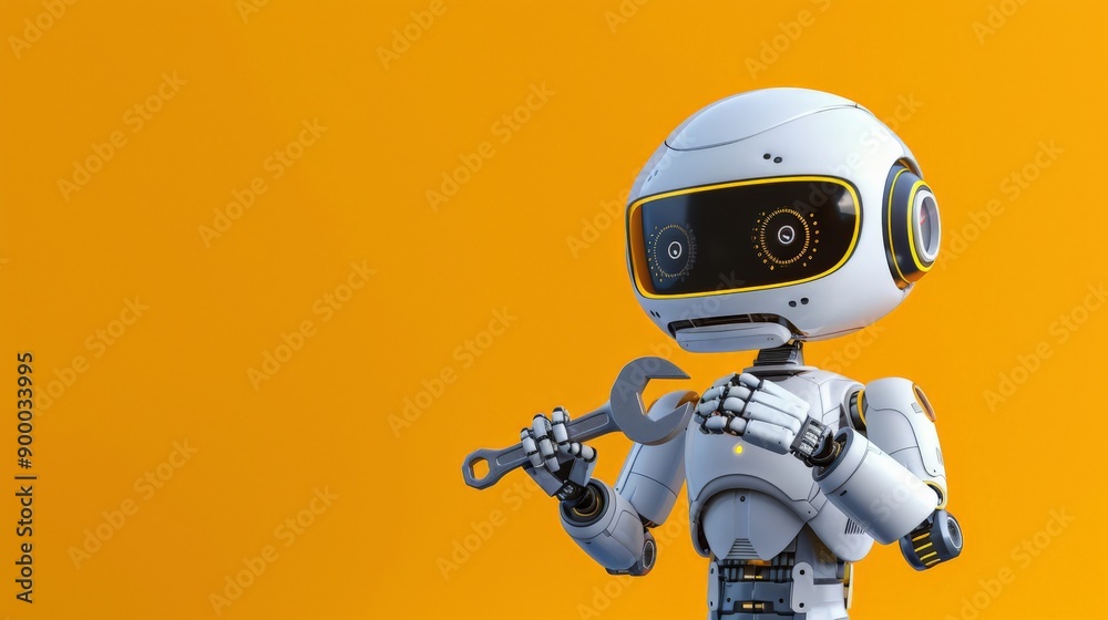 Poster Small robot holding a wrench against a bright orange background. Concept of robotics in engineering and maintenance.