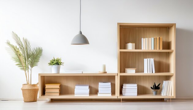 Modern minimalist interior with wooden bookshelves, books, indoor plant, and hanging lamp against a white wall. Cozy and stylish home decor.