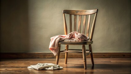 A delicate, isolated atmosphere surrounds a worn, empty chair, scattered with crumpled baby clothes and a forgotten baby blanket, conveying postpartum struggles.