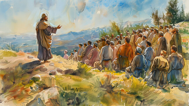 Watercolor of Jesus teaching the Beatitudes to a crowd on a hillside
