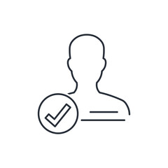 Approved skills.Skilled employee , confirm, done, tick, completed symbol.  Abilities development.Vector linear icon isolated on white background.