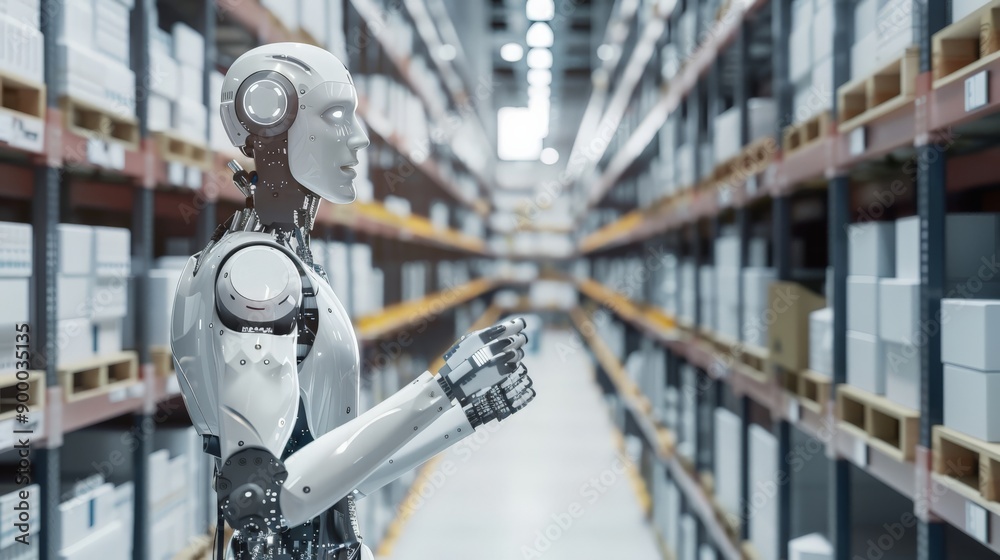 Poster humanoid robot in a warehouse aisle. concept of ai integration in modern storage and inventory manag