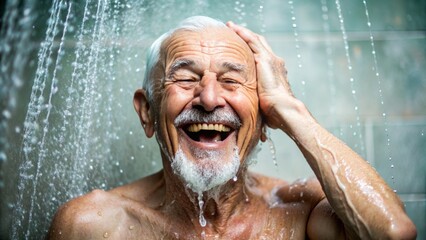 An elderly man relishes a soapy shower, joyfully laughing and basking in the water spray with soap covering his face.