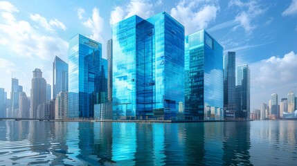 Blue colored glass buildings with contemporary architecture in the shape of a crystal