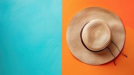 Summer hat from above on colorful surface with space for text