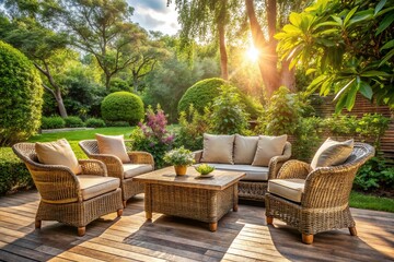 Warm sunlight illuminates a beautifully arranged patio set, complete with comfortable wicker chairs, beige cushions, and a rustic wooden table, surrounded by lush greenery.